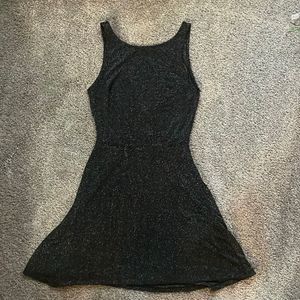 Divided Glittery Sleeveless Black Fit Flare Low Back Skater Evening Dress